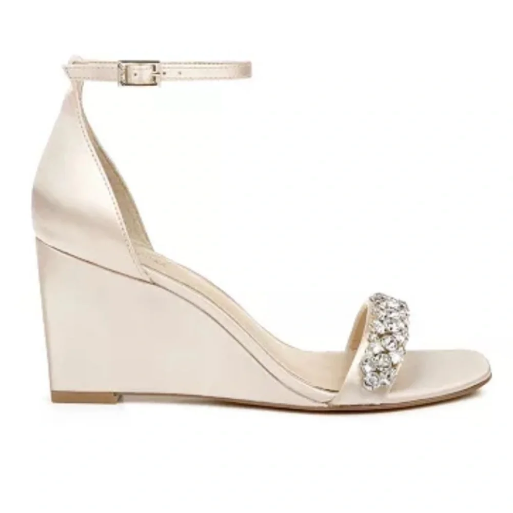 Badgley Mischka Champagne Satin Jeweled Wedge Sandal Size 7